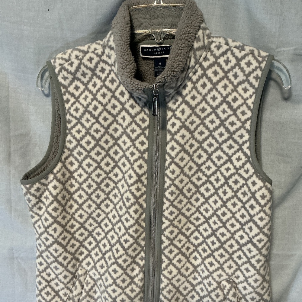 Karen Scott Sport Full Zip Fleece Lined Gray White Patterned Vest Women’s Medium